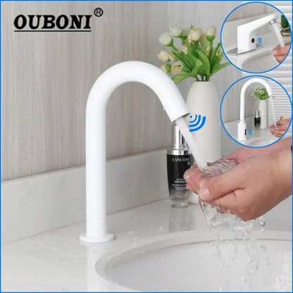 Sleek white automatic sensor bathroom faucet with curved design