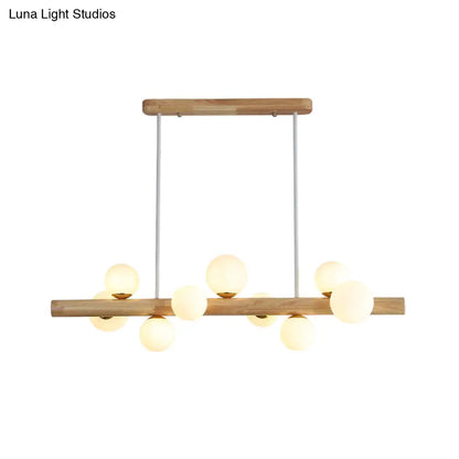 DecorBites™ Sleek Wooden LED Ceiling Light: Linear Dining Room Island Chandelier with Cream Glass Shade