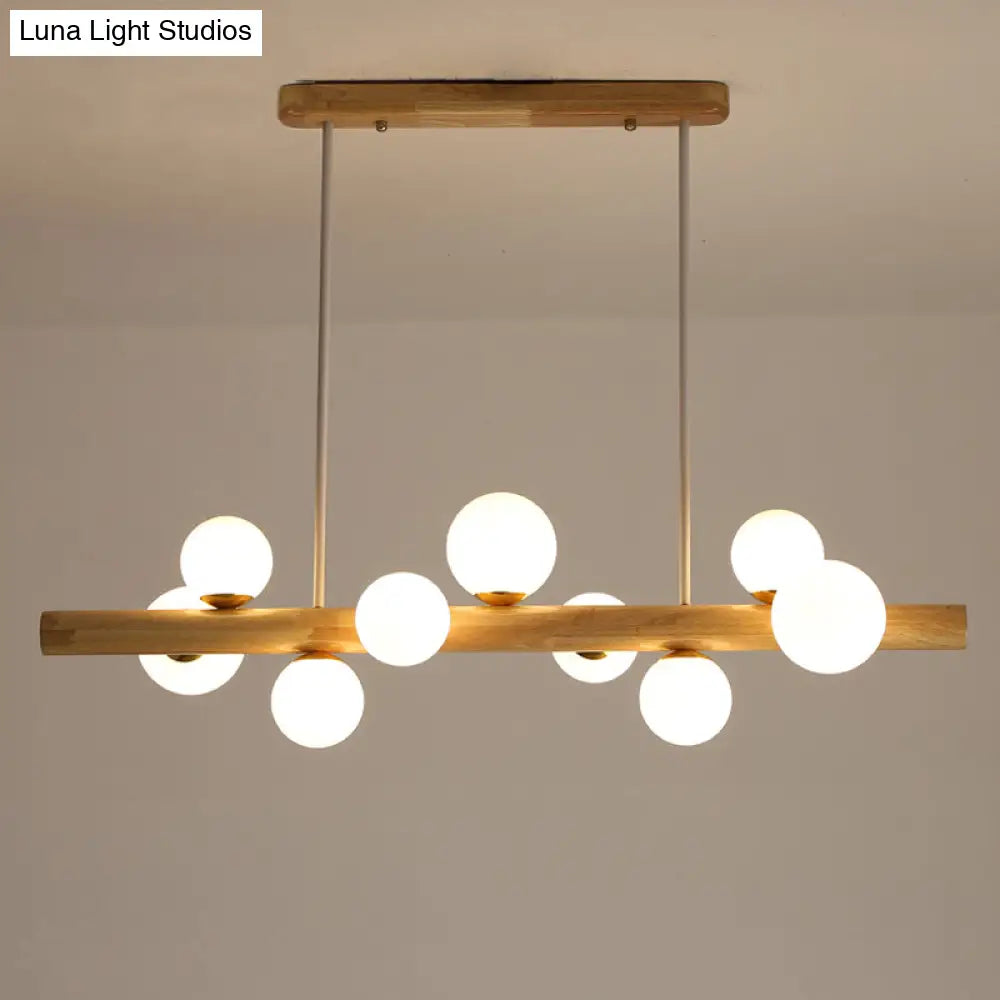 DecorBites™ Sleek Wooden LED Ceiling Light: Linear Dining Room Island Chandelier with Cream Glass Shade