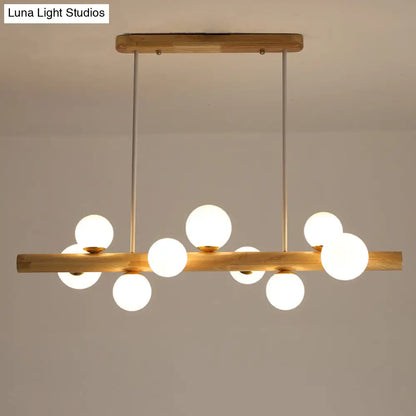 DecorBites™ Sleek Wooden LED Ceiling Light: Linear Dining Room Island Chandelier with Cream Glass Shade