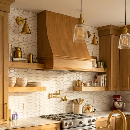 Wood Range Hood With Sloped Front and Decorative Trim - 30", 36", 42", 48", 54" and 60" Widths Available