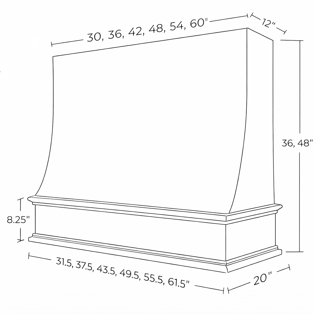 Wood Range Hood With Sloped Front and Decorative Trim - 30", 36", 42", 48", 54" and 60" Widths Available