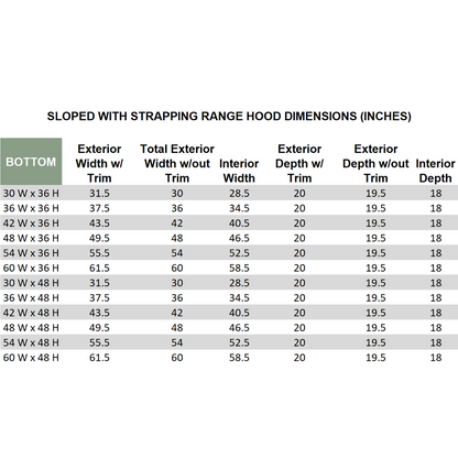 Wood Range Hood With Sloped Strapped Front and Decorative Trim - 30", 36", 42", 48", 54" and 60" Widths Available