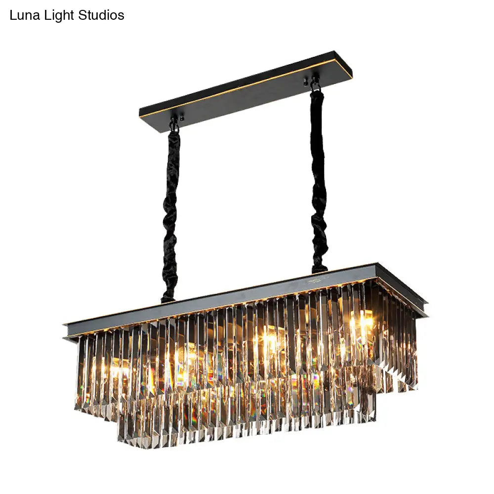 DecorBites™ Smoke Gray Crystal Block Rectangle Chandelier Lamp - Traditional, 8/11 Heads, Matte Black Hanging Light for Dining Room