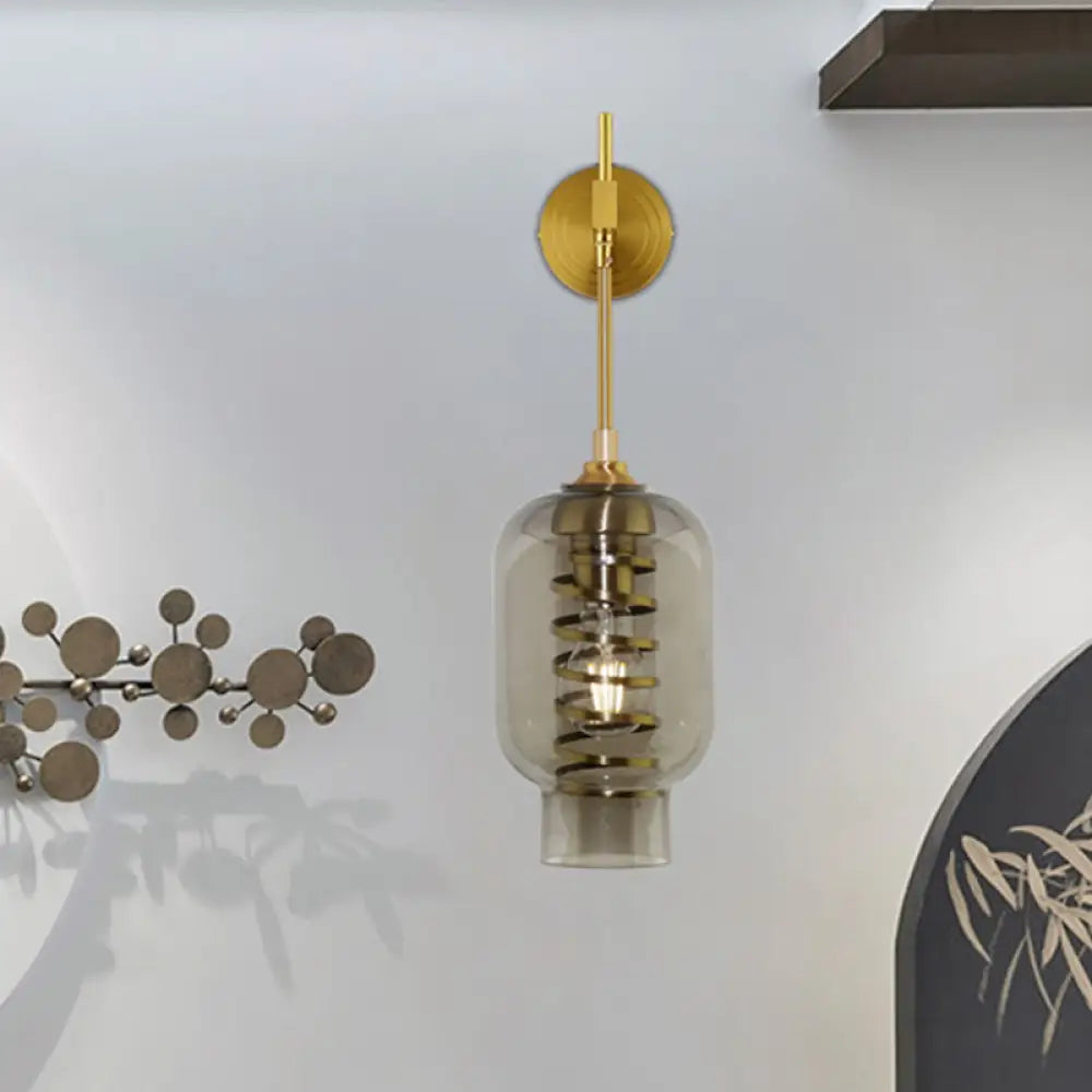 DecorBites™ Smoke Gray Glass Wall Lantern Postmodern Brass Sconce for Tea Room