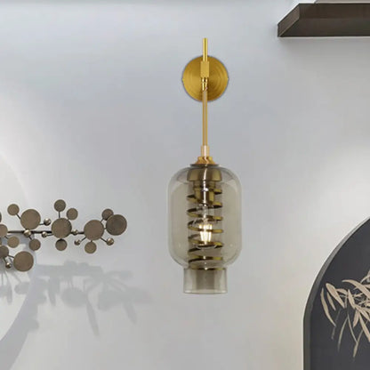 DecorBites™ Smoke Gray Glass Wall Lantern Postmodern Brass Sconce for Tea Room