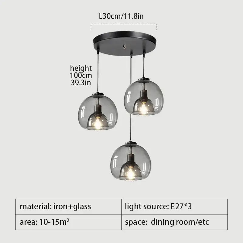 Smoked glass pendant lights trio for dining room dining table