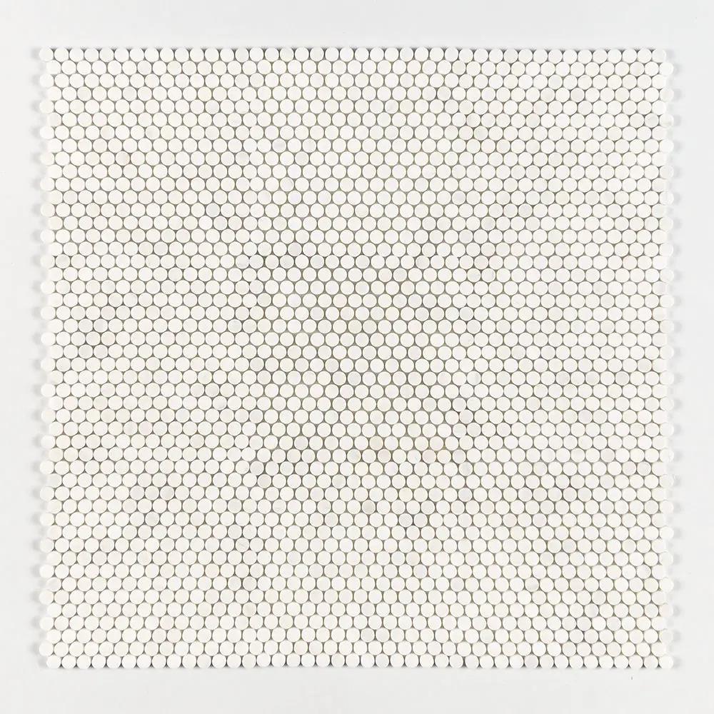 Snow White, Bianco Dolomiti Honed Penny Round Marble Mosaics 11 1/4x11 3/4