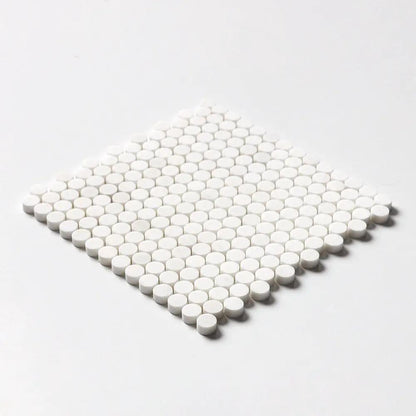 Snow White, Bianco Dolomiti Honed Penny Round Marble Mosaics 11 1/4x11 3/4