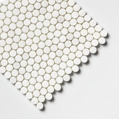 Snow White, Bianco Dolomiti Honed Penny Round Marble Mosaics 11 1/4x11 3/4