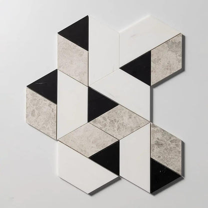 Snow White, Black, Silver Shadow Honed Prismatic Blend Marble Mosaics 8x9 1/16