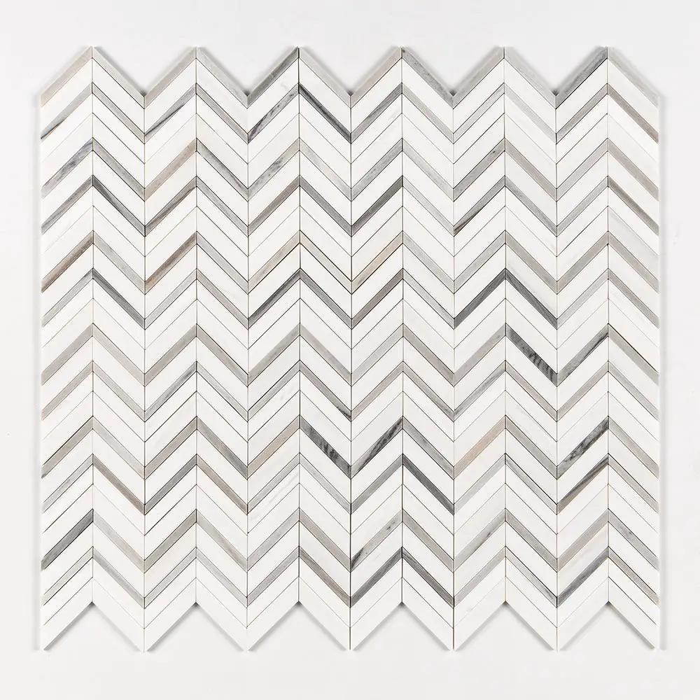 Snow White, Skyline Honed Chevron Fusion Waterjet Marble Mosaics 16x11 7/8