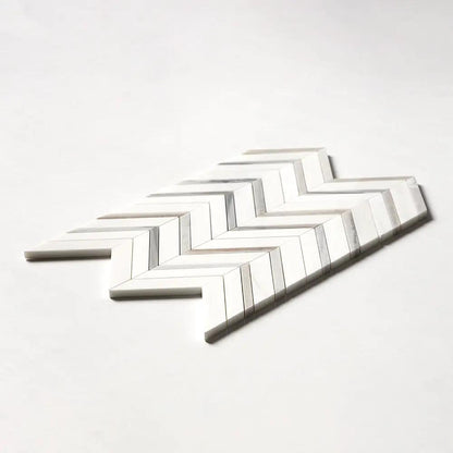 Snow White, Skyline Honed Chevron Fusion Waterjet Marble Mosaics 16x11 7/8