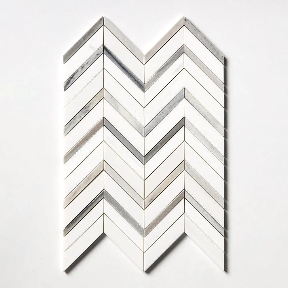 Snow White, Skyline Honed Chevron Fusion Waterjet Marble Mosaics 16x11 7/8