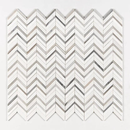 Snow White, Skyline Polished Chevron Fusion Waterjet Marble Mosaics 16x11 7/8