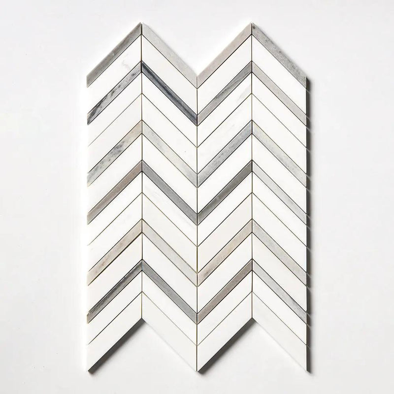 Snow White, Skyline Polished Chevron Fusion Waterjet Marble Mosaics 16x11 7/8