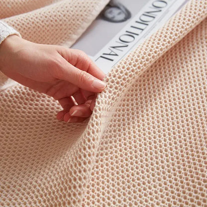 Soft beige cotton honeycomb towel blanket for living room couch