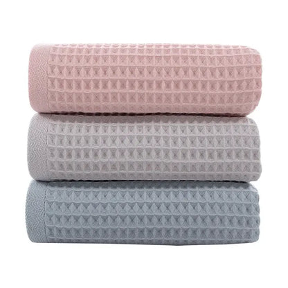 Soft gray blush & blue cotton waffle towel bath set for bathroom