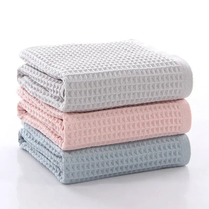 Soft gray blush & blue cotton waffle towel bath set for bathroom