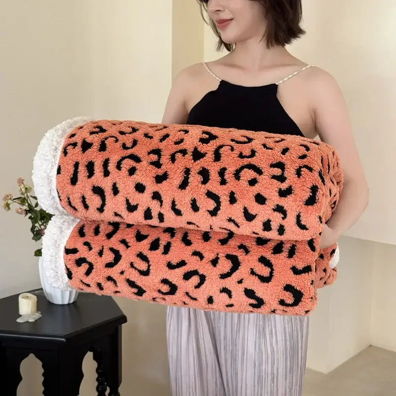Soft leopard print double layered wool blanket bedroom throw