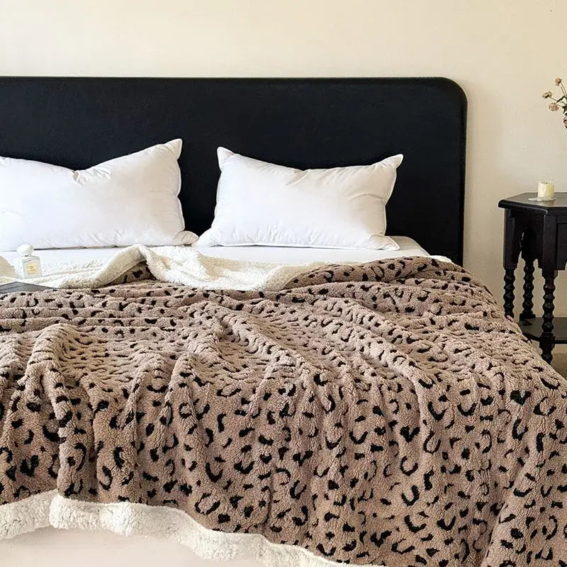 Soft leopard print double layered wool blanket bedroom throw