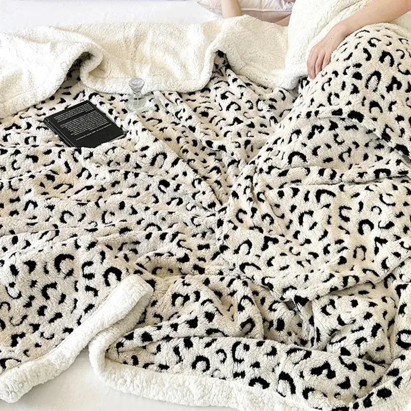 Soft leopard print double layered wool blanket bedroom throw