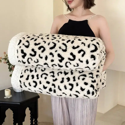 Soft leopard print double layered wool blanket bedroom throw