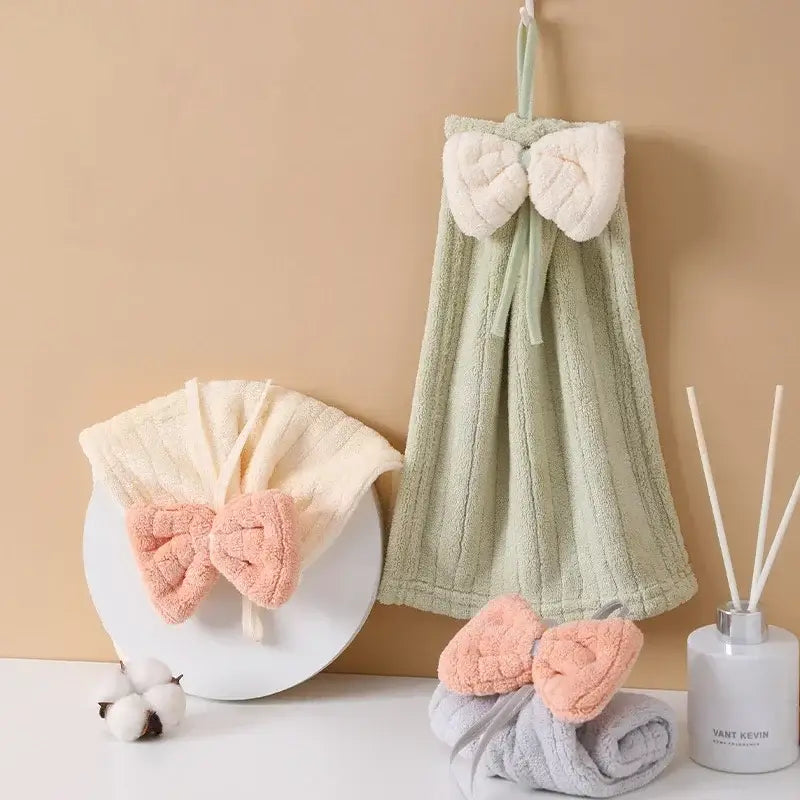 Soft pastel bowknot microfiber hand towels for kitchen and bathroom