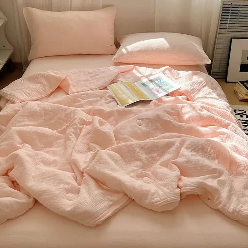 Soft peach cotton muslin cooling wrinkled yarn quilt – bedroom blanket