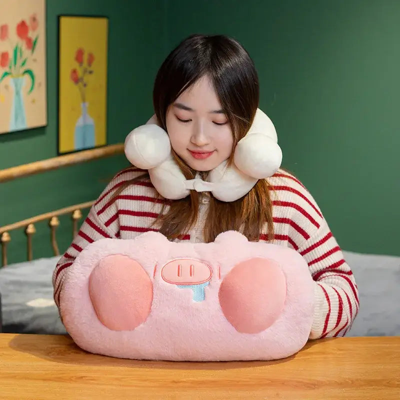 Soft pink cartoon pork doll throw pillow bedroom plush heating pad