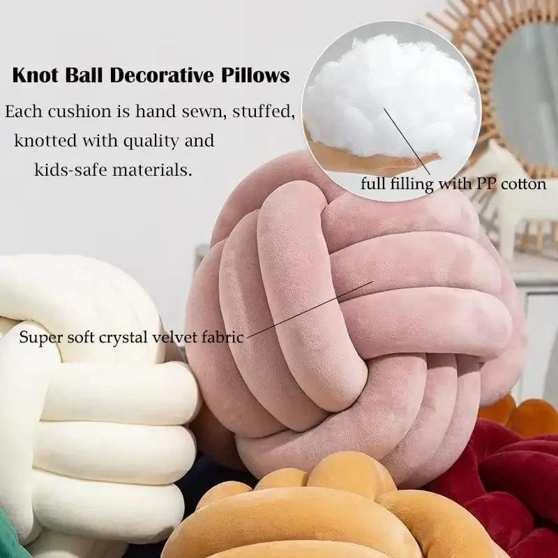 Soft pink velvet knotted ball round pillow for bedroom decor