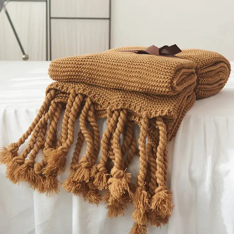 Soft plaid knit throw blanket bedroom ivory & pink tassels