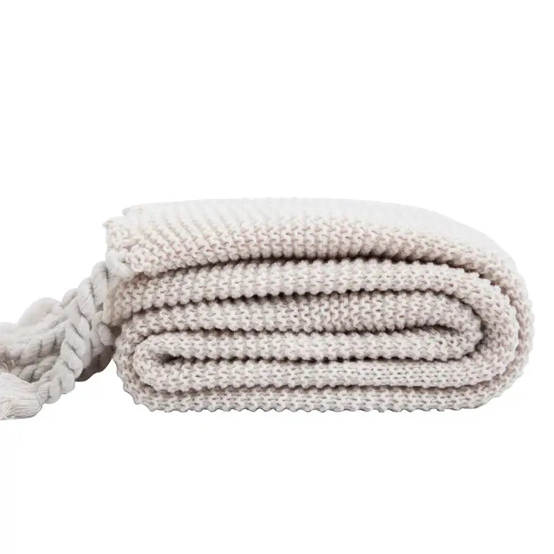 Soft plaid knit throw blanket bedroom ivory & pink tassels