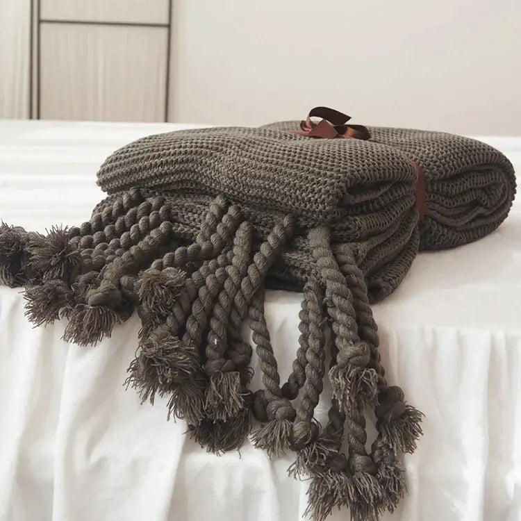 Soft plaid knit throw blanket bedroom ivory & pink tassels