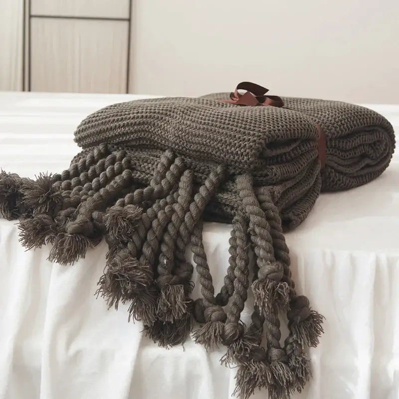 Soft plaid knit throw blanket bedroom ivory & pink tassels