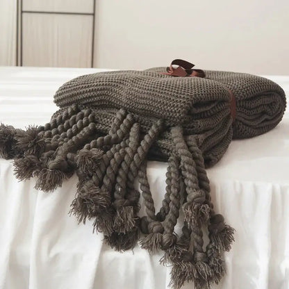 Soft plaid knit throw blanket bedroom ivory & pink tassels