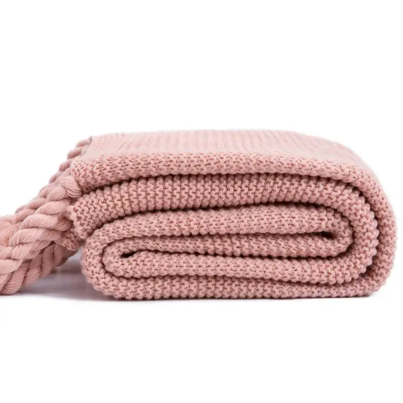 Soft plaid knit throw blanket bedroom ivory & pink tassels