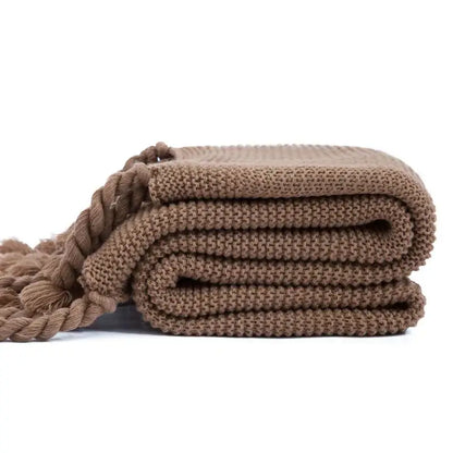 Soft plaid knit throw blanket bedroom ivory & pink tassels