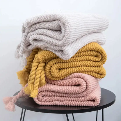Soft plaid knit throw blanket bedroom ivory & pink tassels