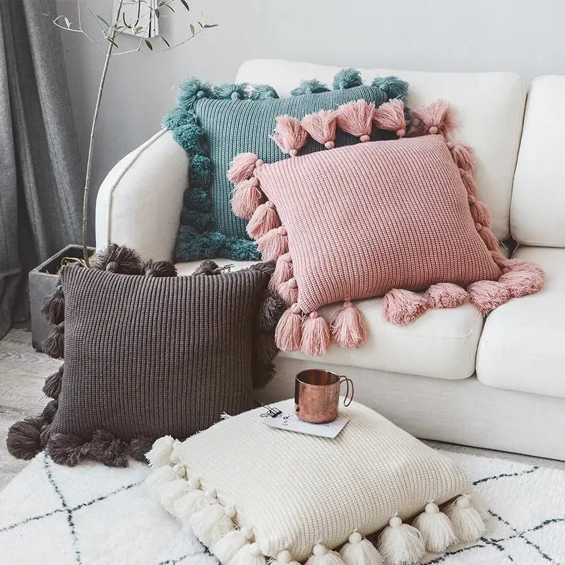 Soft tassel knit cushion cover living room pillow case