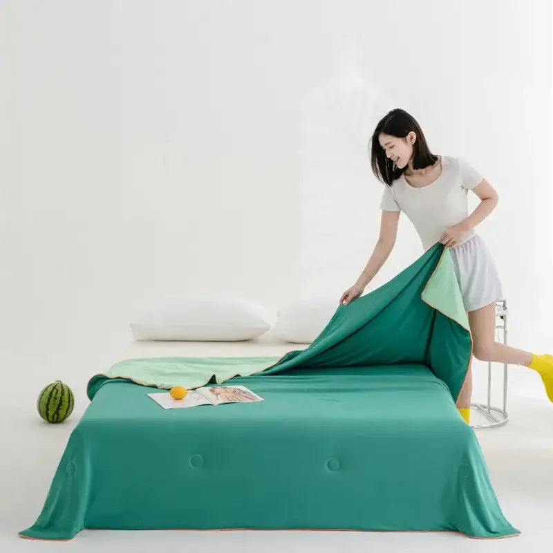 Soft teal and gold cool fibre summer quilt bedroom blanket