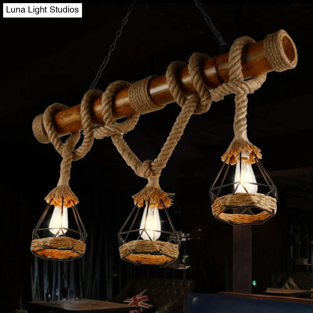 DecorBites™ Sophie's Rustic 3-Light Island Pendant with Beige Hemp Rope Shade for Restaurant Suspension Light