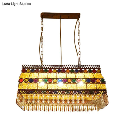 DecorBites™ Southeast Asian Crystal Drop Rectangle Living Room Pendant Light with 3 Yellow Island Heads