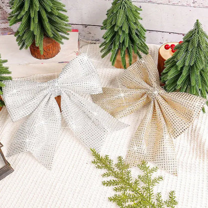 Sparkling gold & white diamond bow pendant holiday tree decor living room