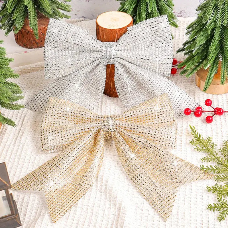 Sparkling gold & white diamond bow pendant holiday tree decor living room