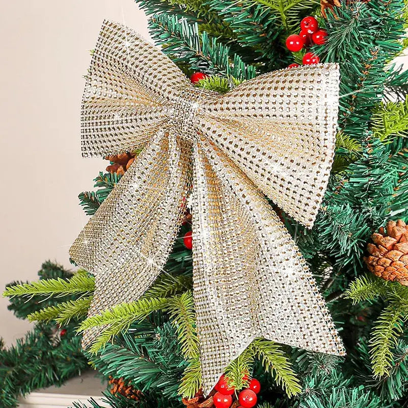 Sparkling gold & white diamond bow pendant holiday tree decor living room