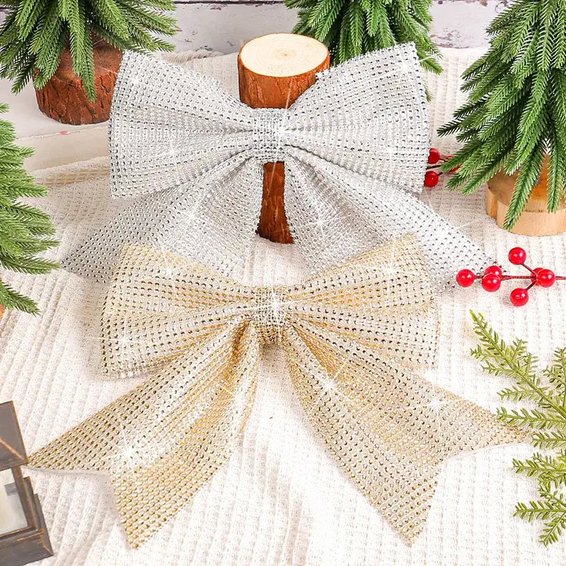 Sparkling gold & white diamond bow pendant holiday tree decor living room
