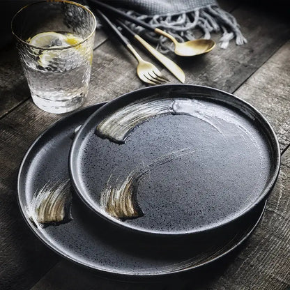 Speckled black and white ceramic round dinner plate dining room