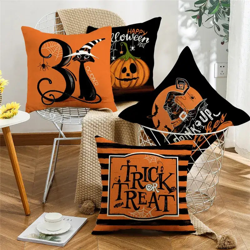 Spooky halloween pumpkin linen cushion cover set for living room sofa