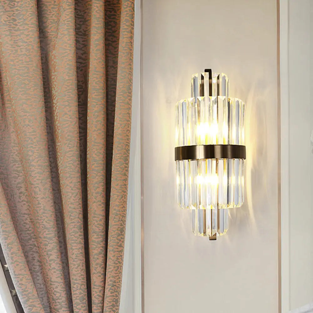 DecorBites™ Spool Wall Sconce Light - Modern Faceted Clear Crystal Prism - 2 Lights - Brass Finish